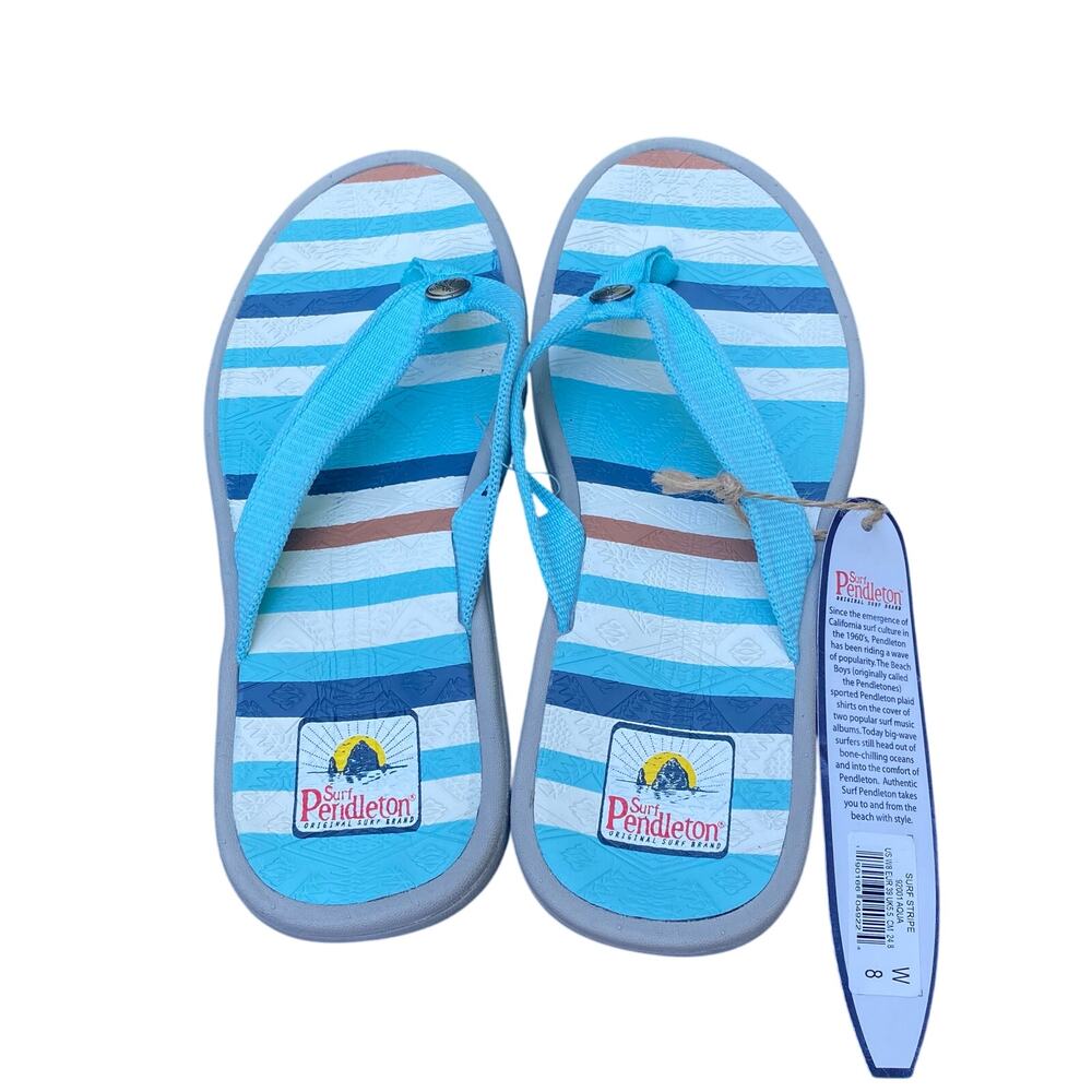 Pendleton Women's Surf Stripe Aqua Blue Flip Flop, Thong, Sandal, NWT, Size 8